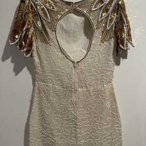 Vintage Cream Sheath Dress with Embellished Cut Out